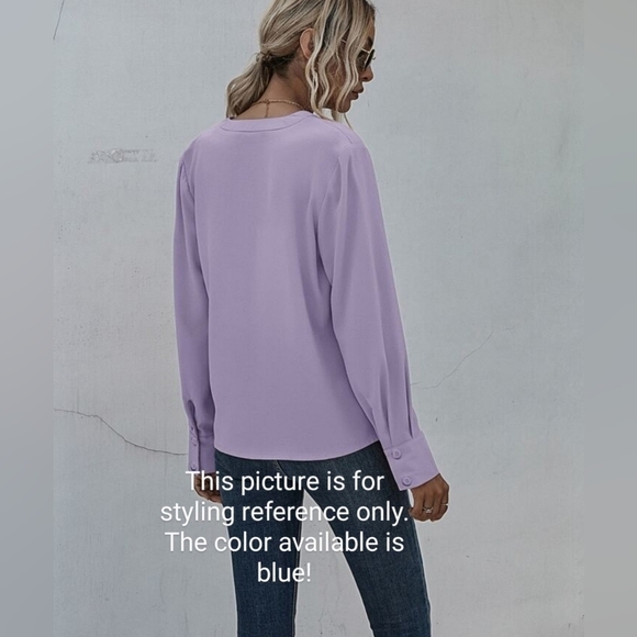 Women Notched Neck Pleated Decoration Blouse Blue size: 8/10 - Picture 8 of 8